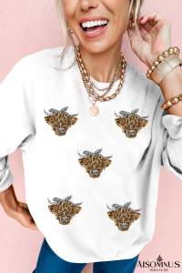 White Sequin Animal Patched Drop Shoulder Sweatshirt