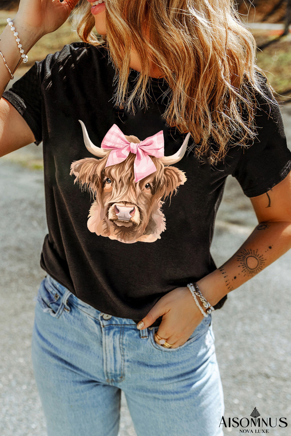 Black Bow Cow Head Graphic Western Fashion T Shirt
