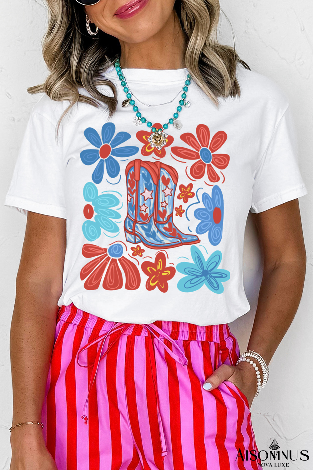 White Floral Cowgirl Boots Print T Shirt