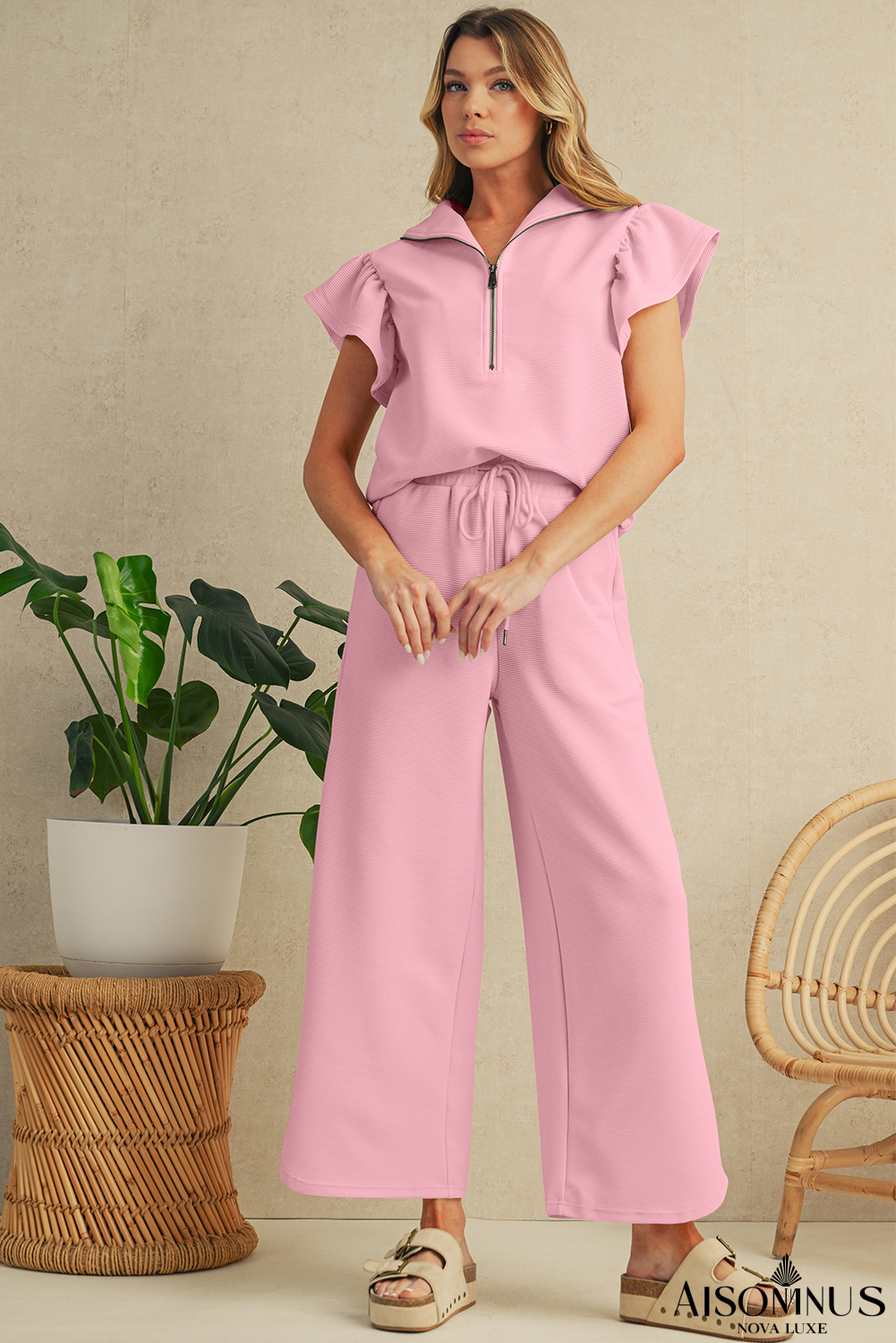 Pink Textured Ruffle Sleeve Zipped Top and Wide Leg Pants Set