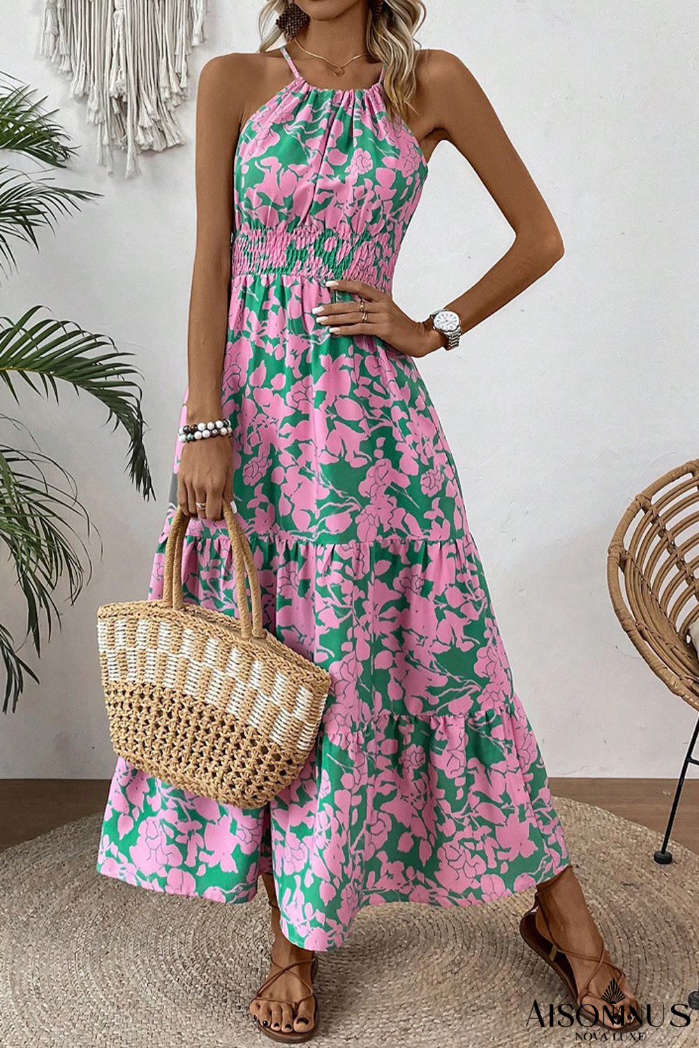 Pink Floral Shirred High Waist Tiered Halter Dress