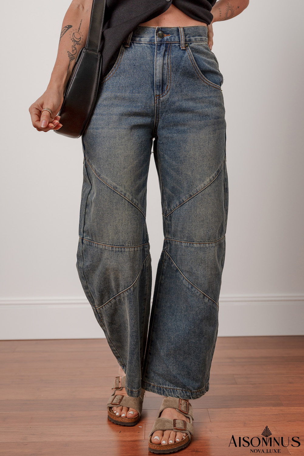 Sail Blue Criss Cross Straight Leg High Waist Jeans