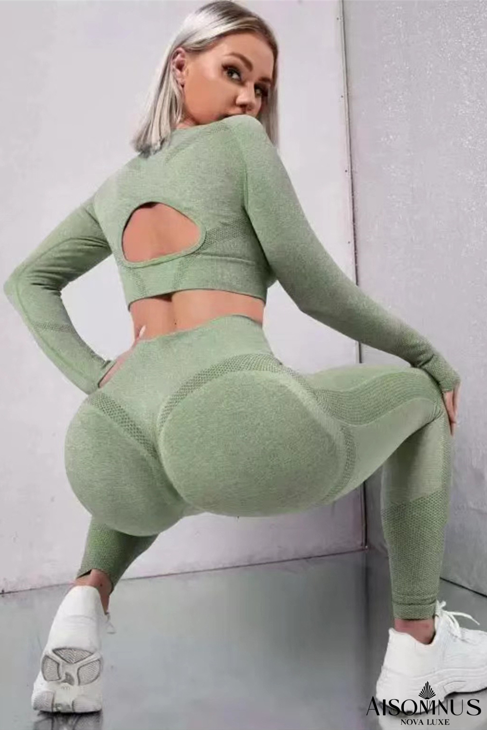 Grass Green Solid Color Long Sleeve Crop Top Leggings Yoga Sports Set