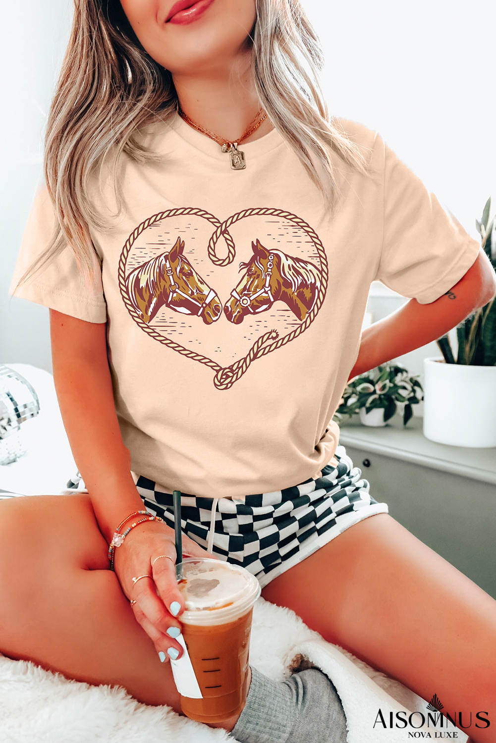 Khaki Rodeo Horse Graphic Western Cowgirl Fashion T Shirt