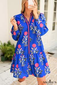 Sky Blue Floral Print Pop of Color V Neck Mini Dress