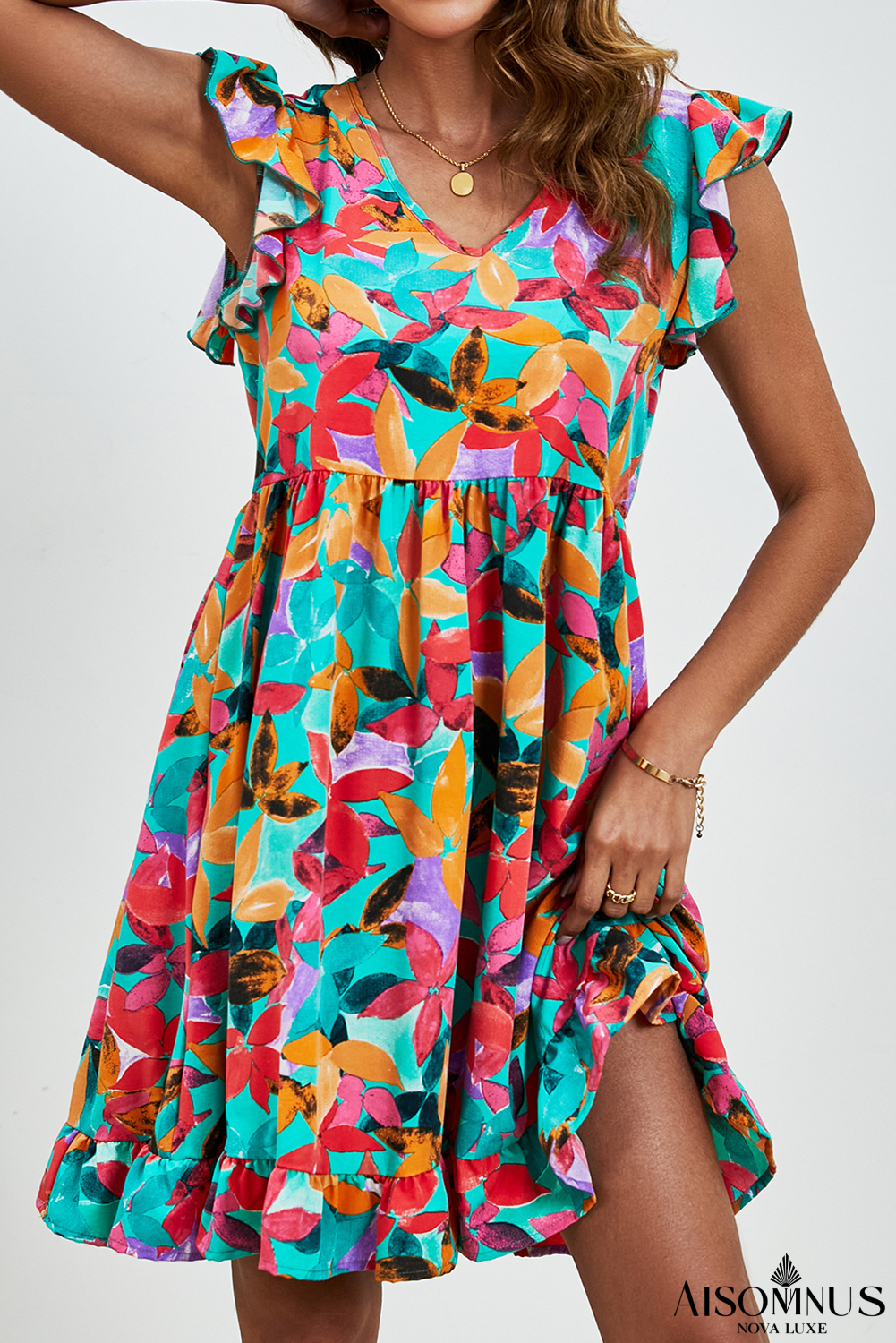 Green Leaf Print V Neck Fluttter Sleeveless Short Dress
