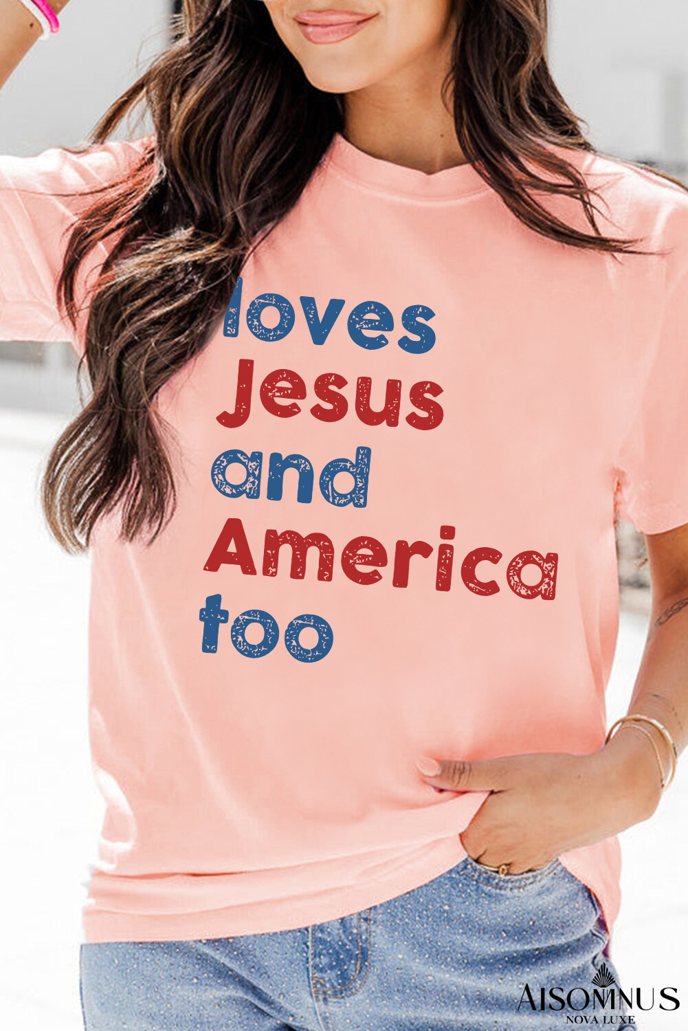 Pink loves Jesus and America too Vintage Letter Graphic Tee
