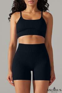 Black Spaghetti Straps Bra and High Waist Shorts Workout Set