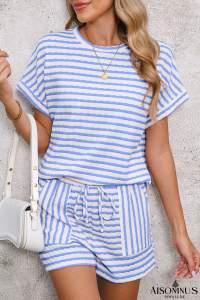 Sky Blue Striped Print Short Sleeve Top and Pocket Shorts Set