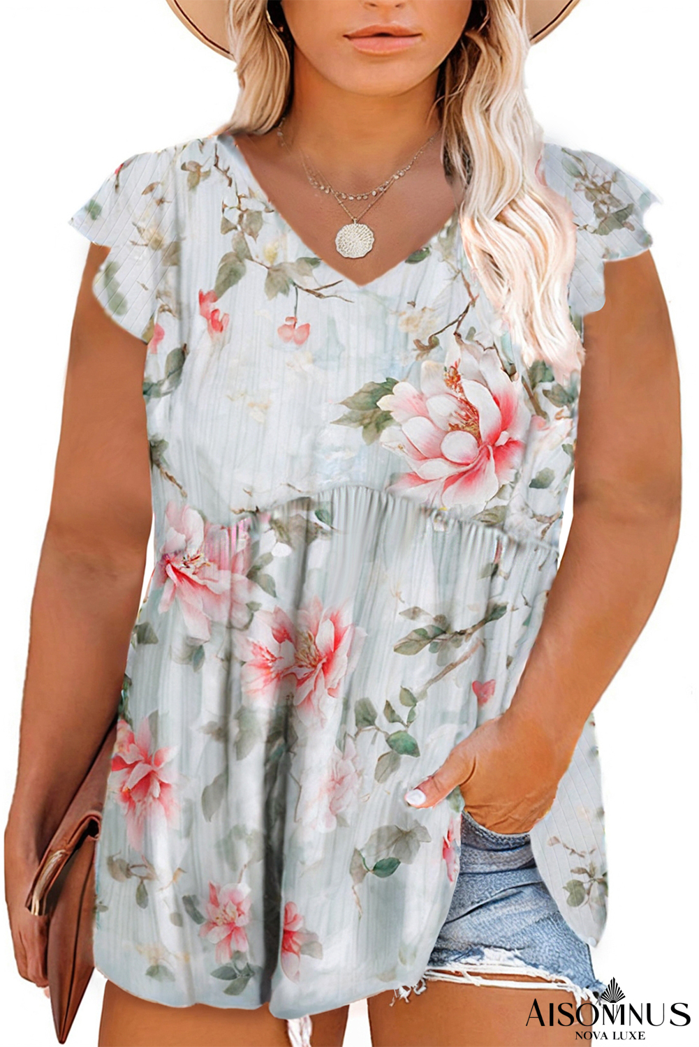 Sky Blue Floral Flutter Shoulder Flowy Plus Size Top