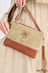 Beige Pearl Bow Decor Woven Patchwork Shoulder Bag