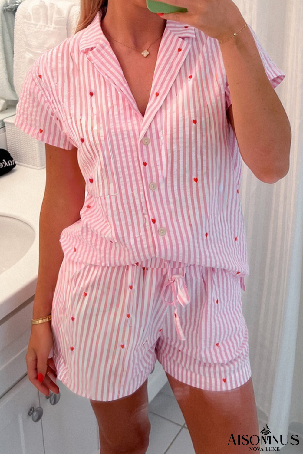 Pink Striped Heart Print Shirt and Shorts Pajama Set