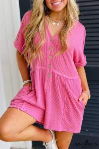 Bright Pink Corded Short Sleeve V Neck Pocketed Romper