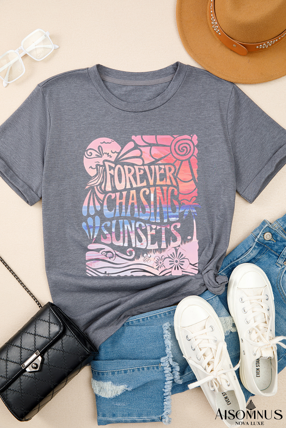Gray FOREVER CHASING SUNSETS Graphic Summer T Shirt