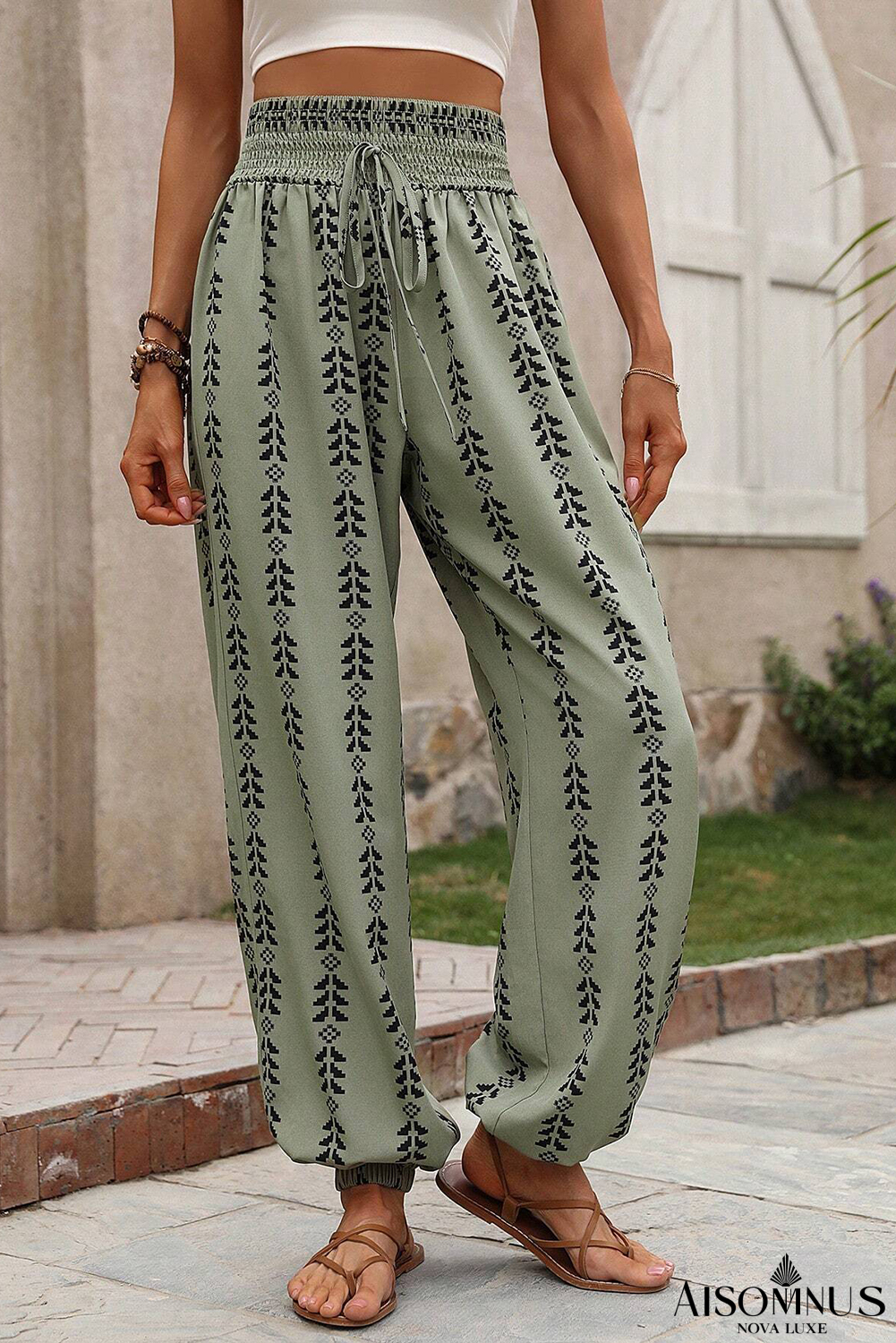 Green Geometric Print Drawstring High Waist Pants