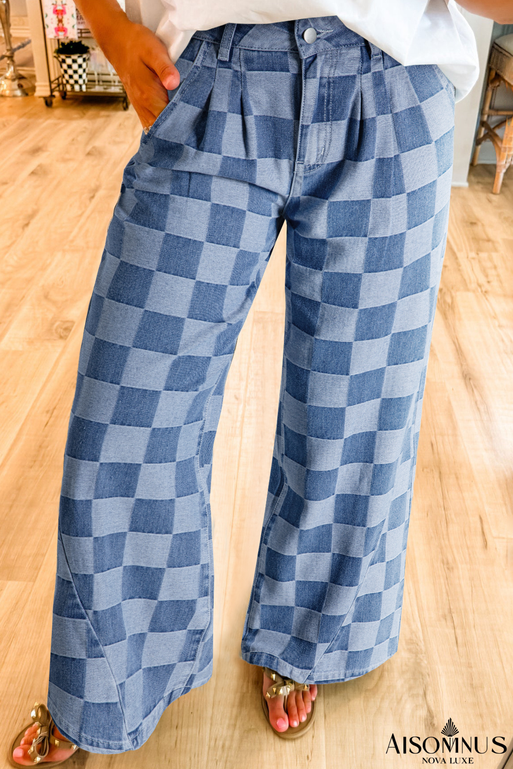 Dusk Blue Checkered Light Washed Wide Leg Jeans