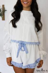 White Striped Ruffle Hem Long Sleeve Pullover and Shorts Set