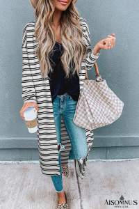 Black Stripe Print Open Front Duster Cardigan