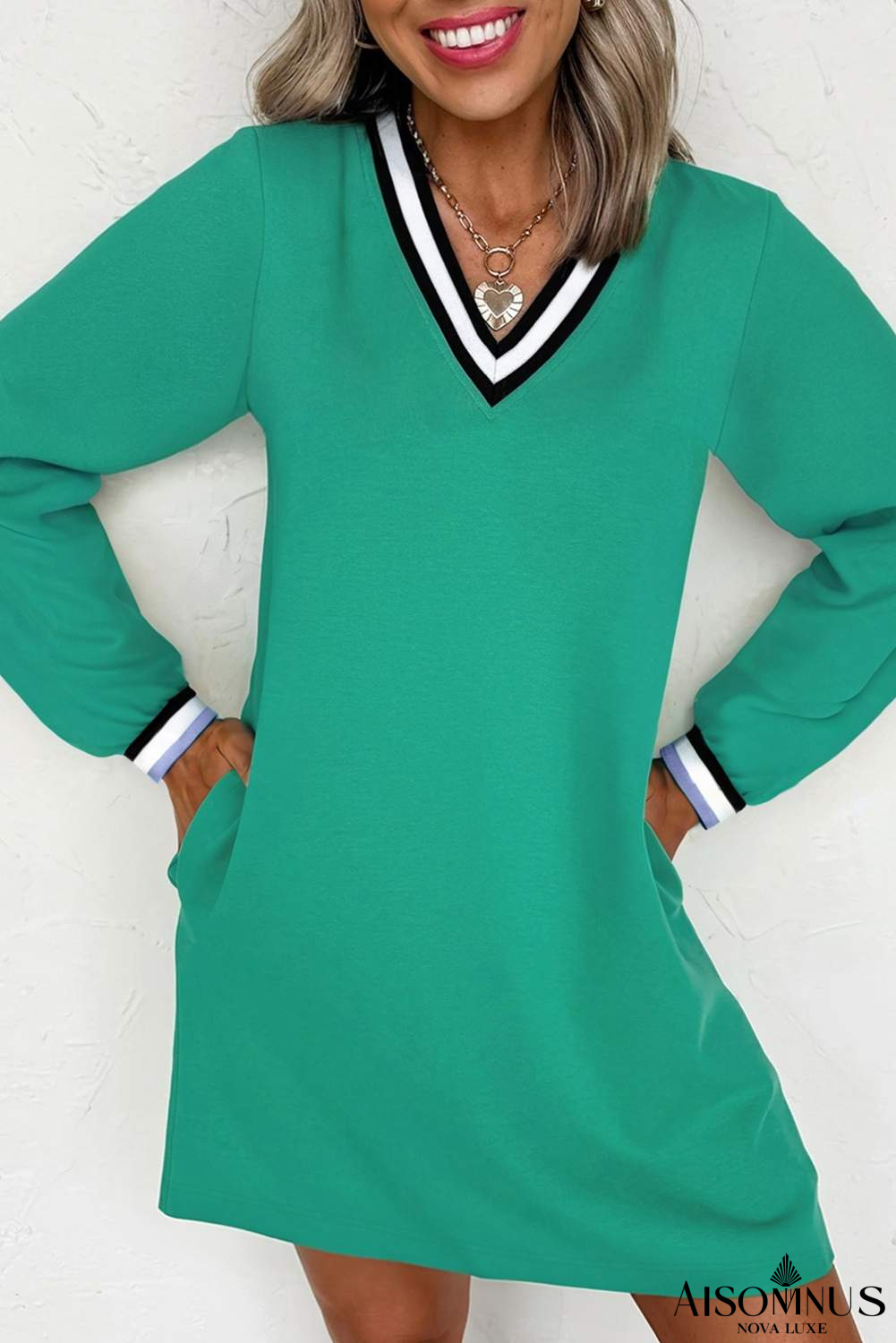 Mint Green Preppy Contrast Striped V Neck Long Sleeve T-shirt Dress