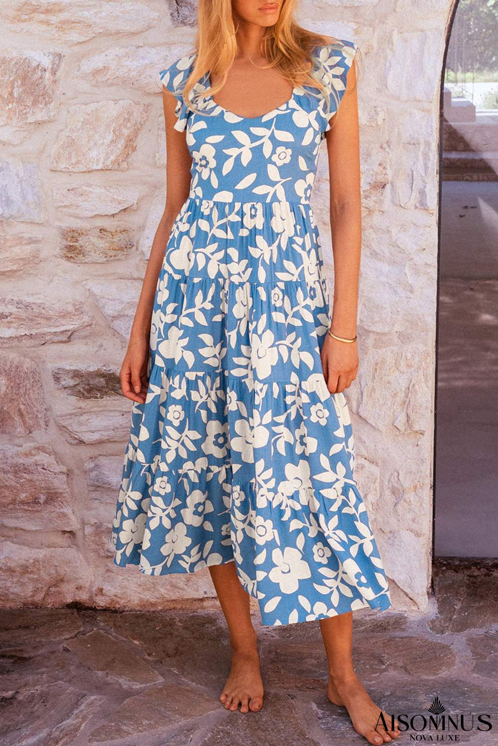 Sky Blue Floral U Neck Sleeveless Tiered Flowy Midi Dress