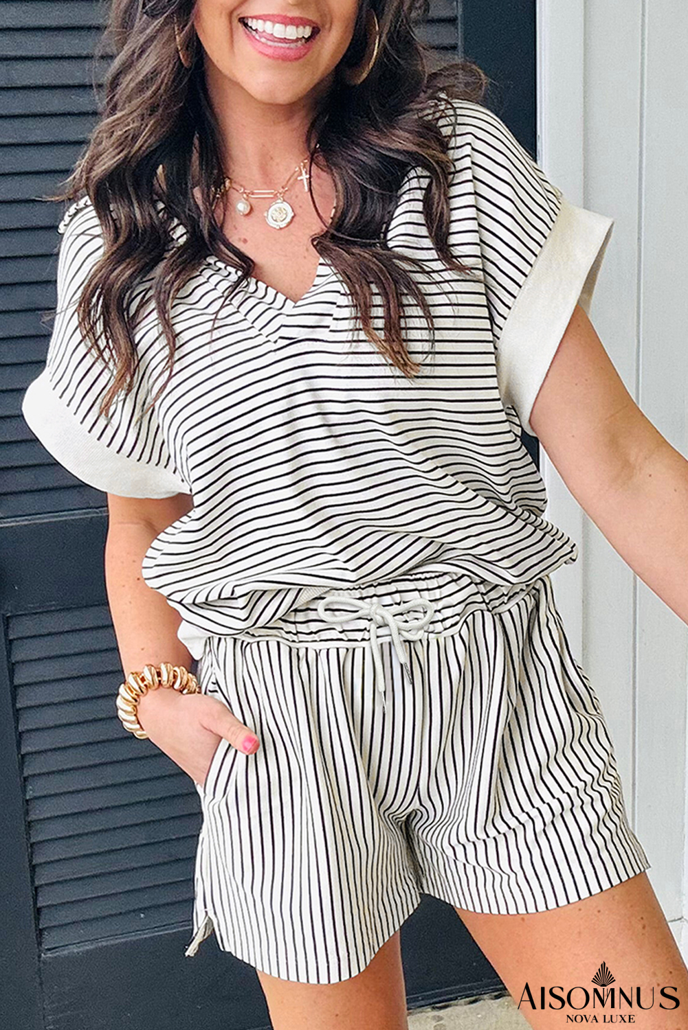 Black Striped V Neck Tee and Casual Shorts Set