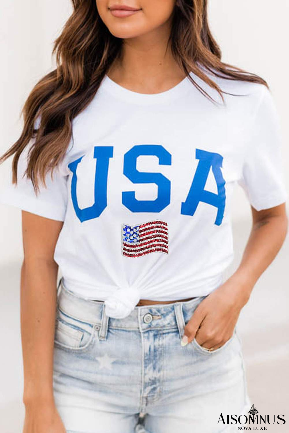 White USA Sequin Flag Patched Crewneck 4th of July T Shirt
