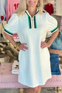 White Pop of Color Neckline Checkered Textured Puff Sleeve Mini Dress