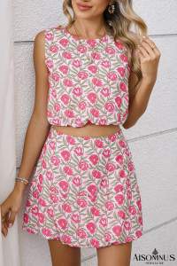 Pink Boho Floral Print Cropped Top Mini Skirt Set