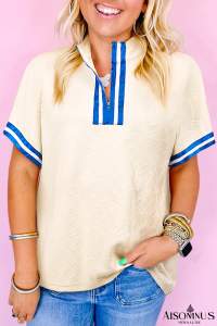 White Zip Collar Textured Pop of Color Neckline Plus Size Top