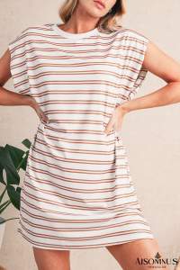 Khaki Stripe Round Neck Sleeveless Casual Pocketed Mini Dress