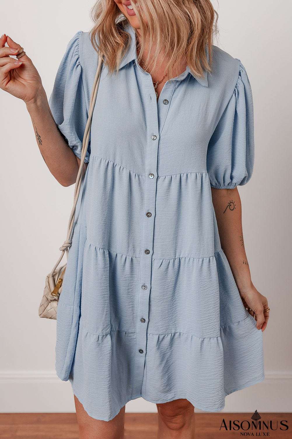 Beau Blue Shirt Collar Button Up Short Puff Sleeve Tiered Shift Dress