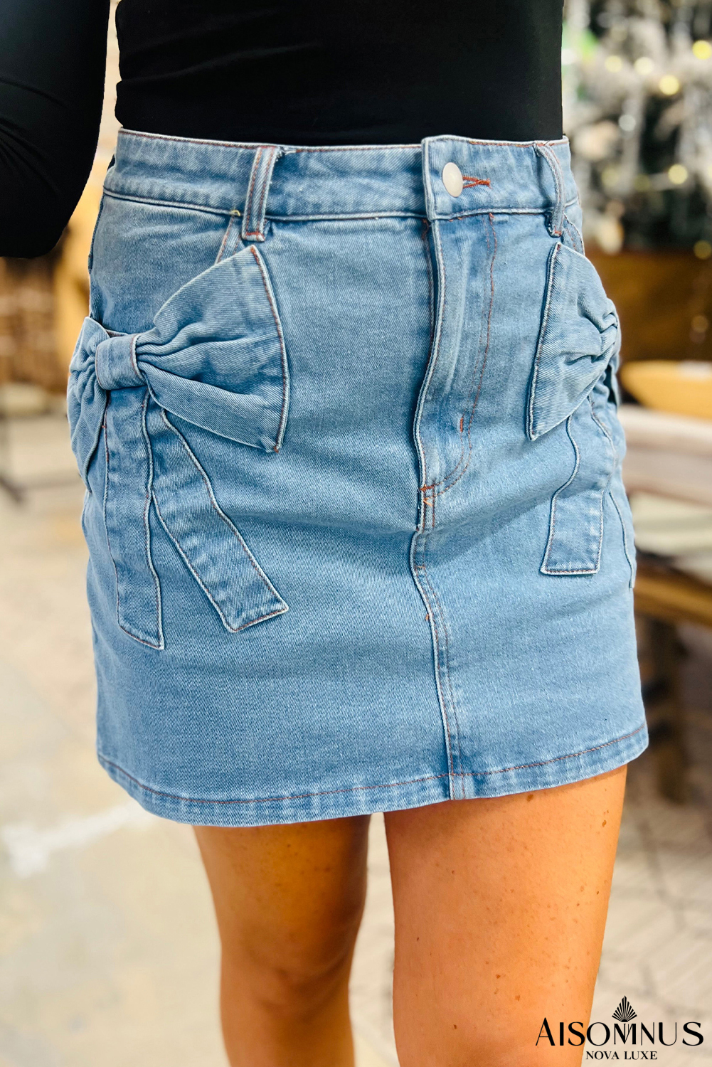 Dusk Blue Acid Washed Bowknot Details High Waist Denim Skirt
