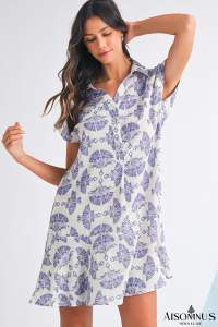 Sky Blue Abstract Print Collared Mini Dress