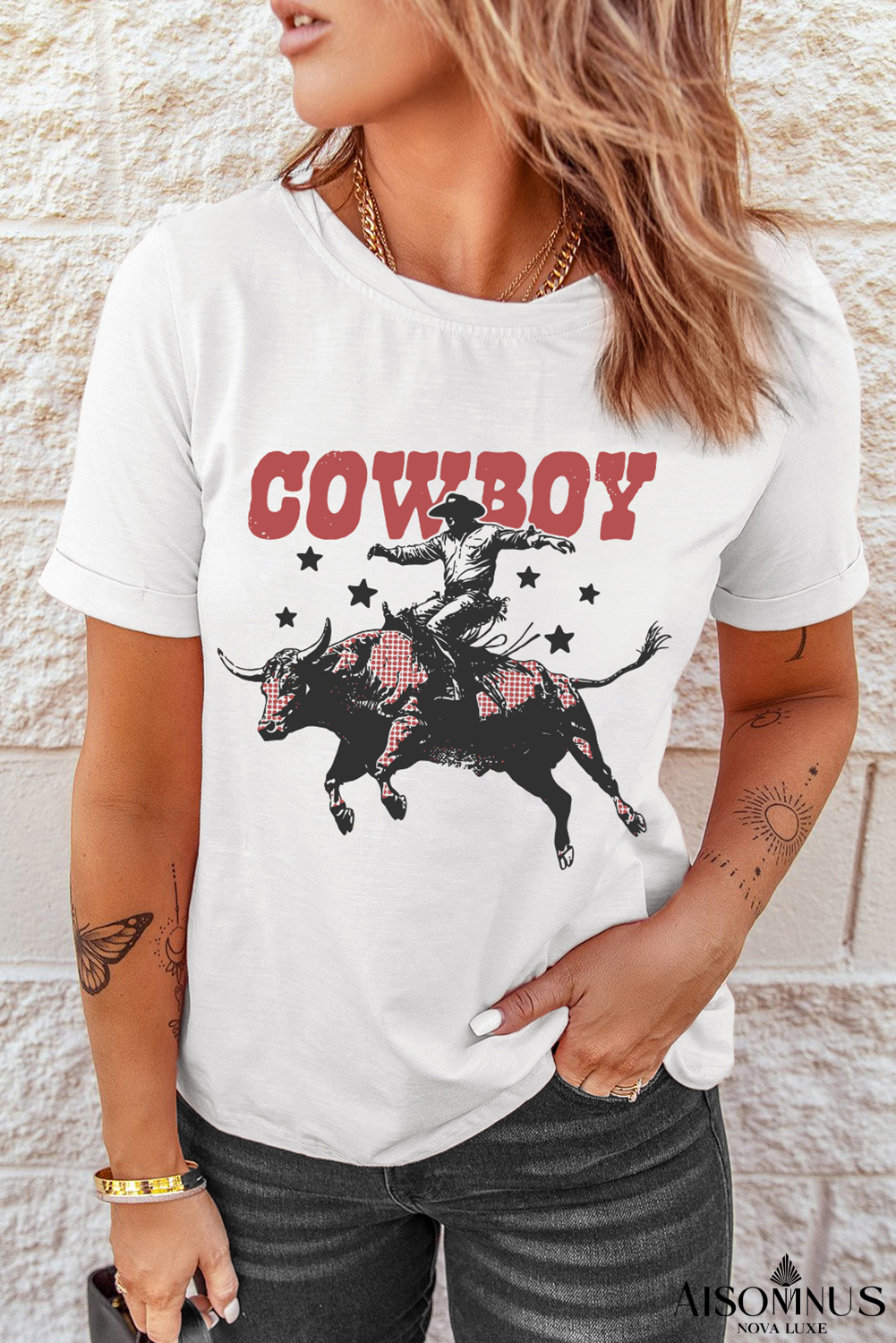 White COWBOY Star Graphic Crewneck Western Fashion Tee