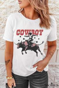 White COWBOY Star Graphic Crewneck Western Fashion Tee
