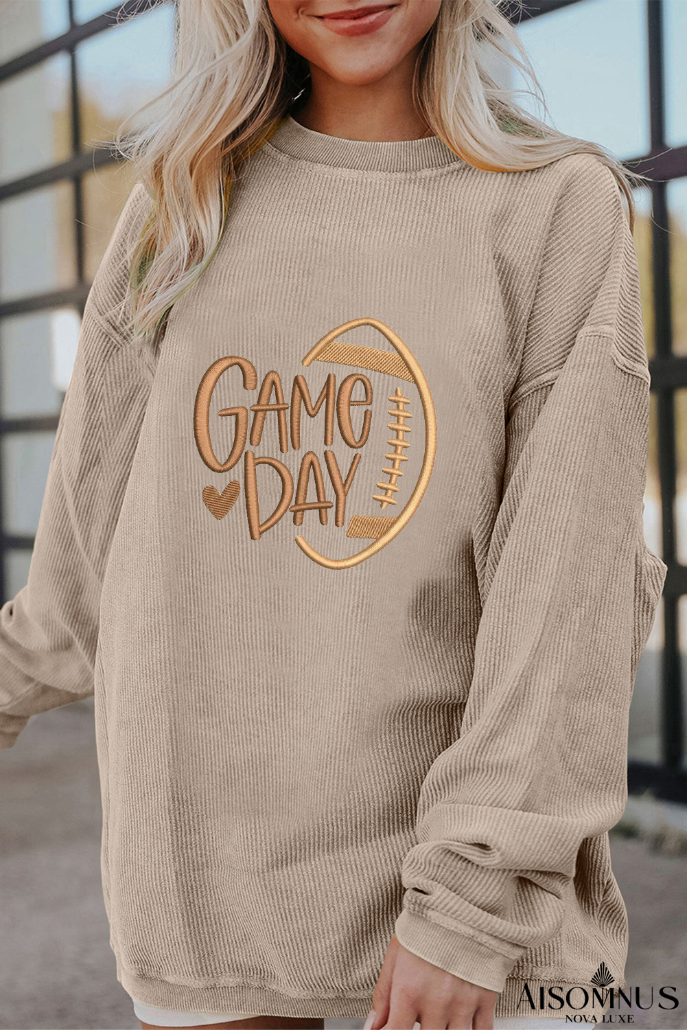 Smoke Gray Twisted Rib Texture game day Rugby Embroidered Baggy Sweatshirt