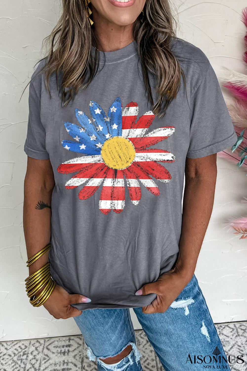 Gray 4th of July Sunflower Graphic Crew Neck Tee