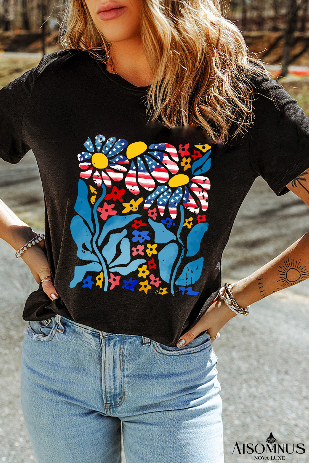 Black 4th of July Flower Graphic Crewneck T Shirt