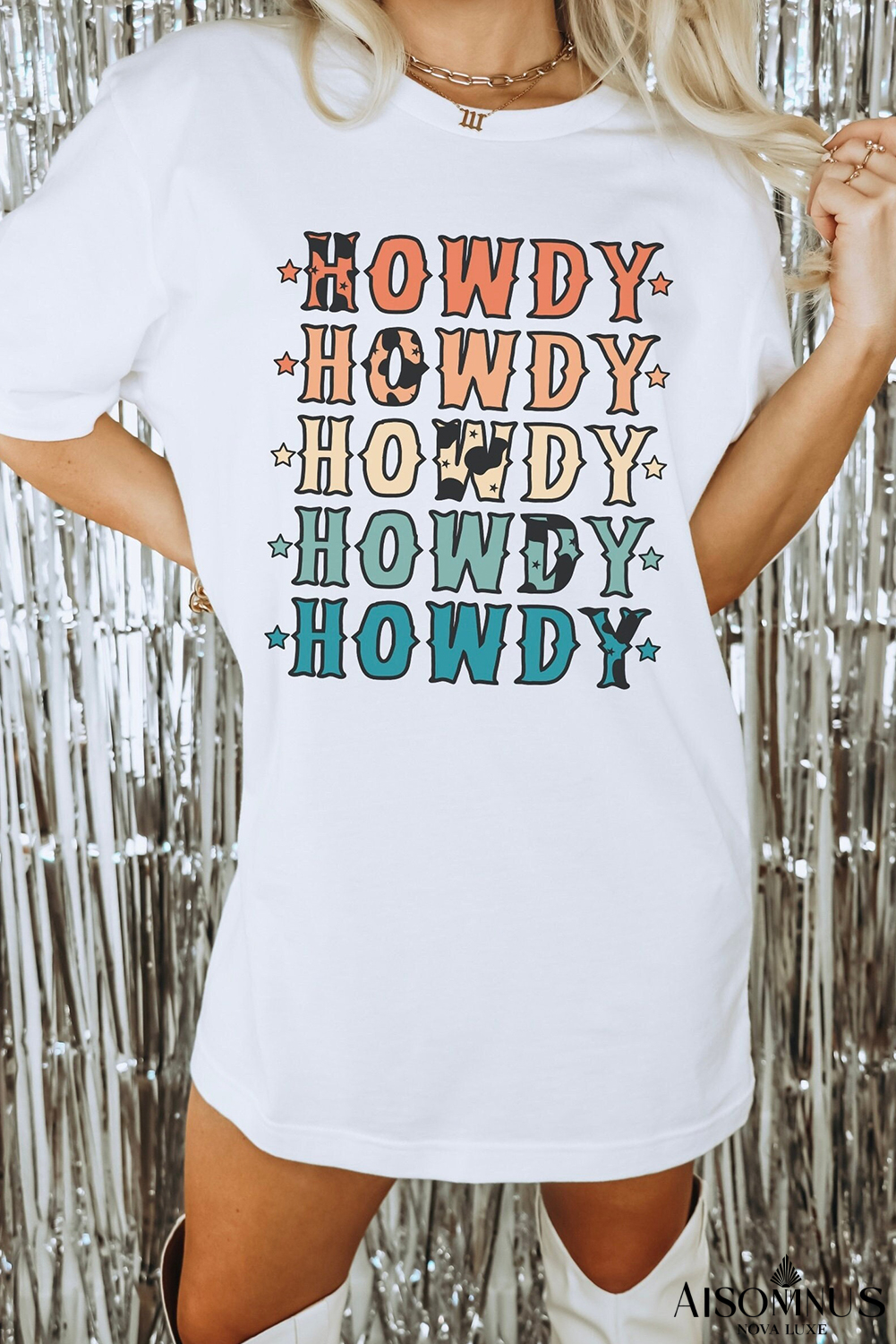 White HOWDY Stars Print Crew Neck Loose Fit T Shirt