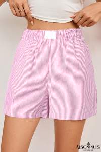 Pink Striped Elastic Waist Pocket Shorts