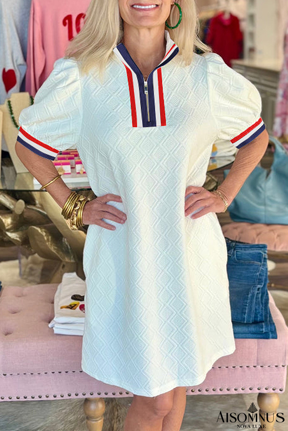 White Pop of Color Neckline Plaid Textured Puff Sleeve Mini Dress