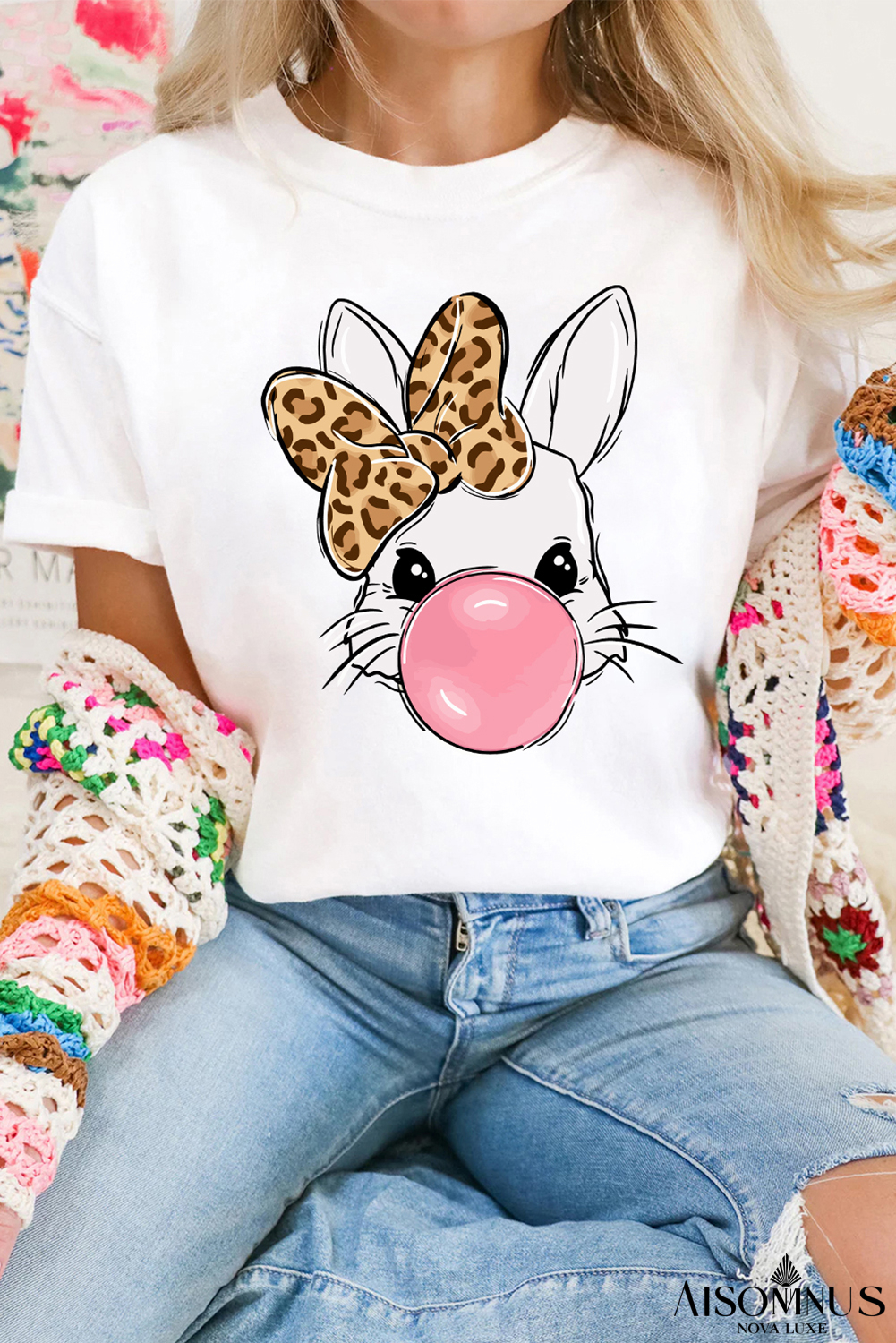 White Leopard Bow Bubble Rabbit Graphic Tee