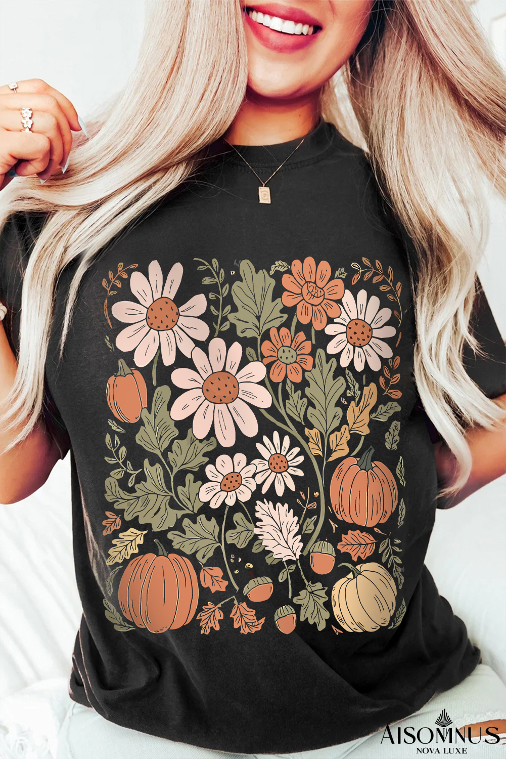 Black Wild Flower Pumpkin Print T Shirt
