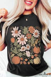 Black Wild Flower Pumpkin Print T Shirt