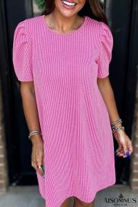 Bright Pink Corded Crew Neck Puff Sleeve Mini Dress