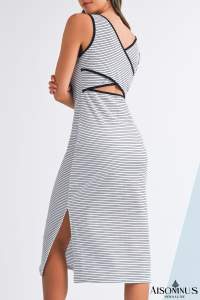 White Striped Criss Cross Back Side Slits Slim Fit Sleeveless Dress