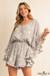Gray Star Print Ruffle Hem V Neck Romper