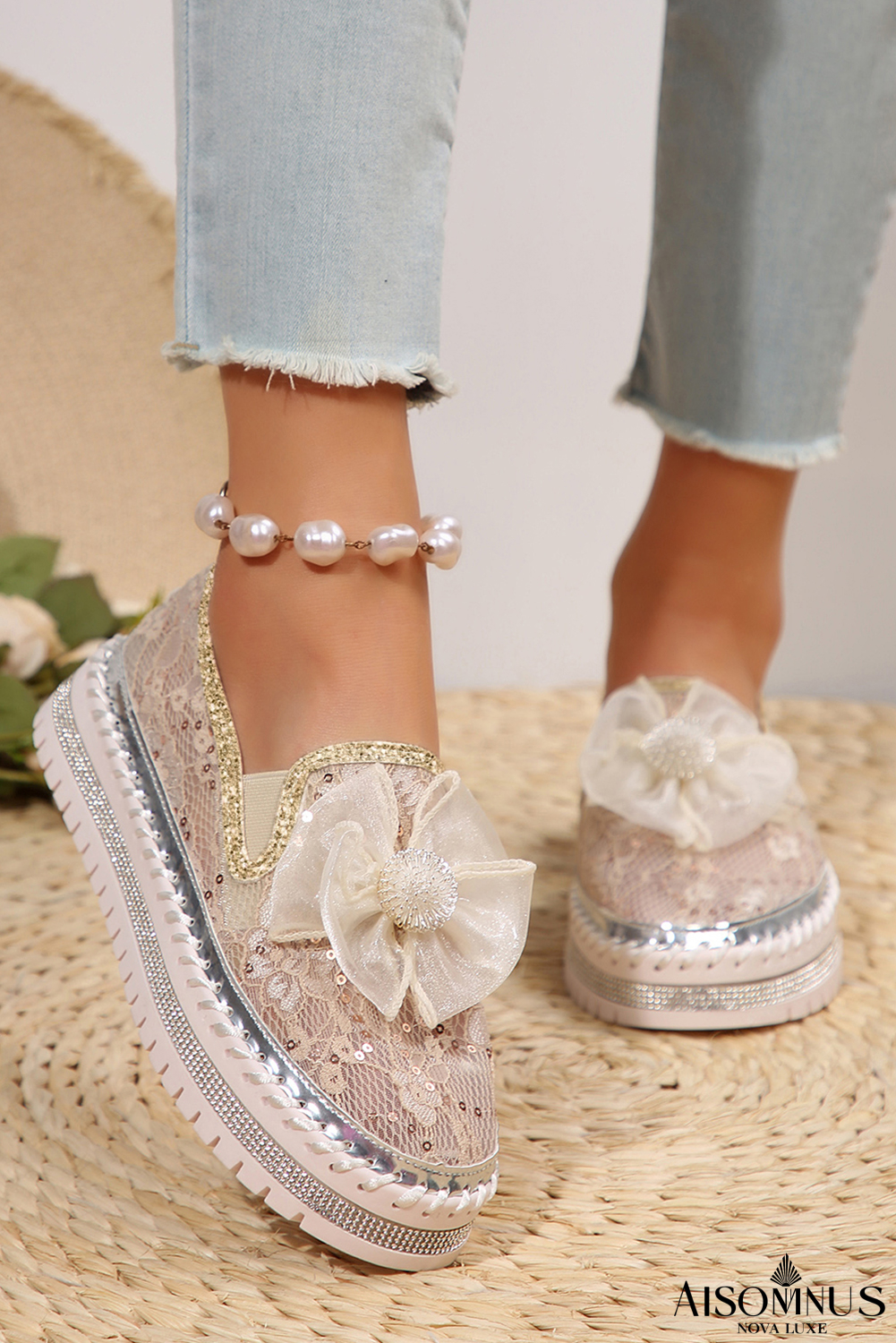 White Sequin Bow Thick Sole Casual Shoes