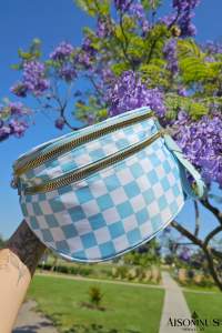 Mist Blue Checkered Print Wide Strap Large Crossbody Bag