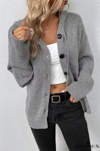 Medium Grey Hooded Button Up Drop Shoulder Sweater Cardigan